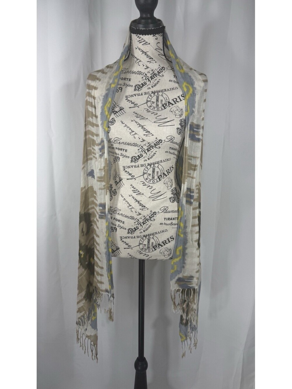 Womens Ikat Print Fringe Scarf Wrap Tan Grey Yellow Boho Tribal Pashmina